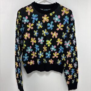 Alab Womens Black Flower Crewneck Sweater Retro Inspired Size L